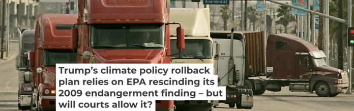 Trucks leave a smoggy Port of Long Beach in 2008, the year before the endangerment finding was released. Luis Sinco/Los Angeles Times via Getty Images